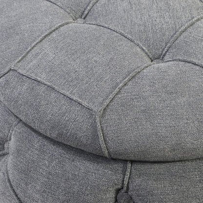 Grey Large Button Tufted Woven Round Storage Footstool