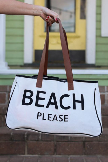 Bright White BEACH PLEASE Print Bolsa grande de lona