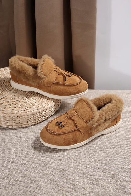 Chestnut Suede Furry Lined Slip On Flat Shoes