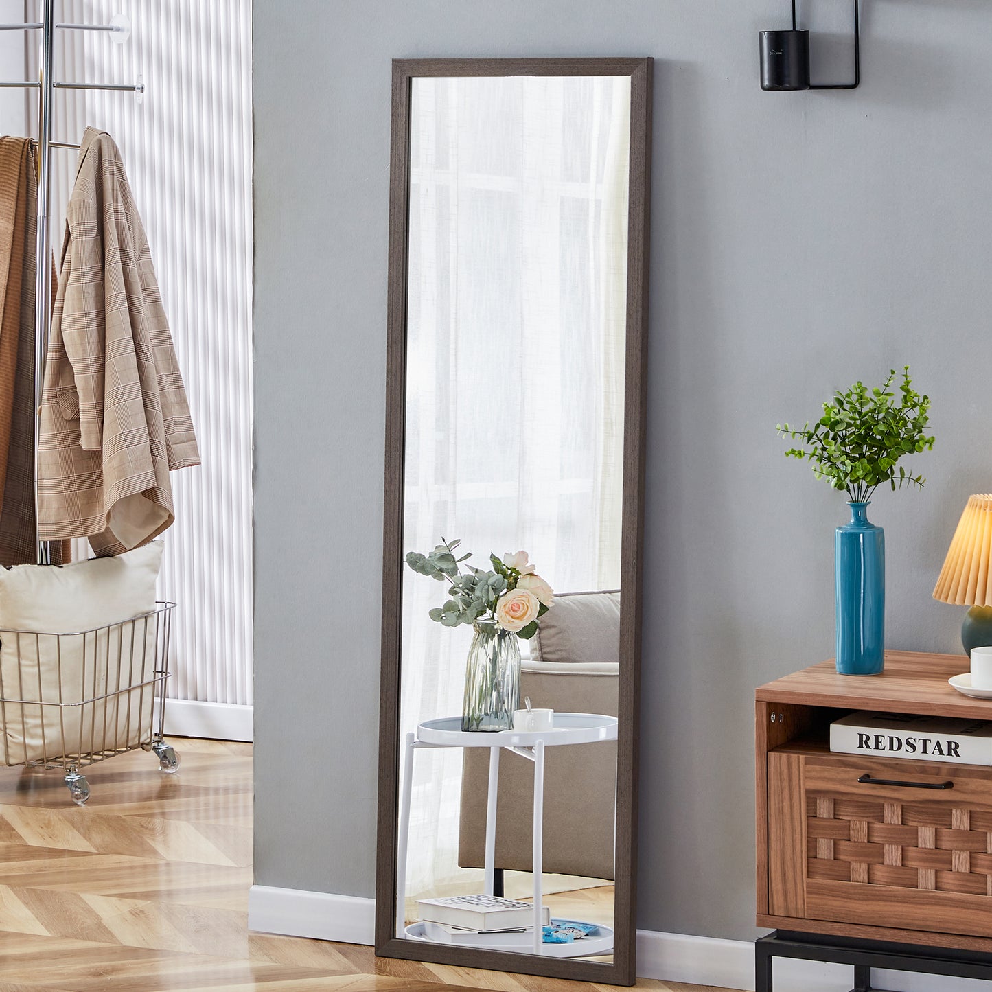 Gray Solid Wood Frame Full-Length Mirror