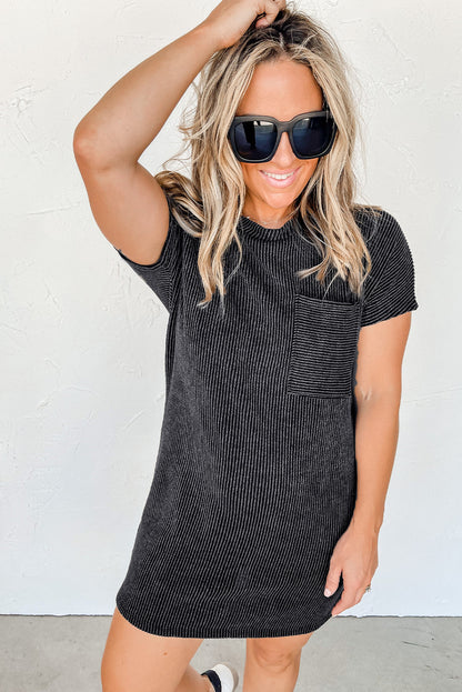 Grey Ribbed Short Sleeve Chest Pocket Casual T Shirt Dress