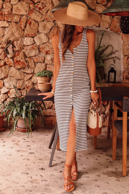 White Stripe Sleeveless Button Front Midi Dress