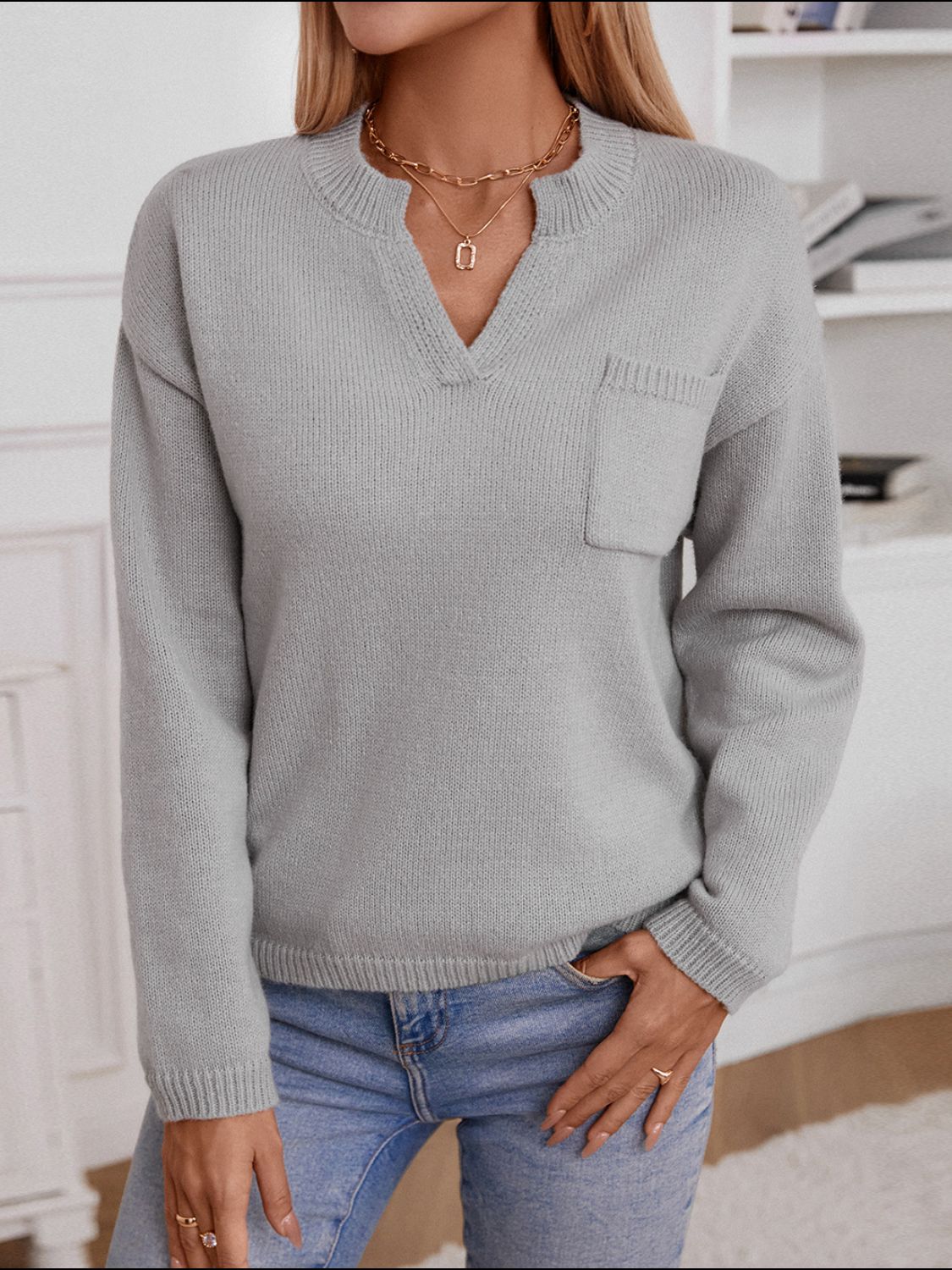 Pocketed Notched Long Sleeve Knit Top