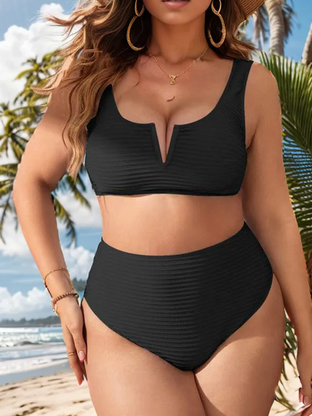 Plus Size Black Textured Wireless Bra Top & High Waist Bikini Set