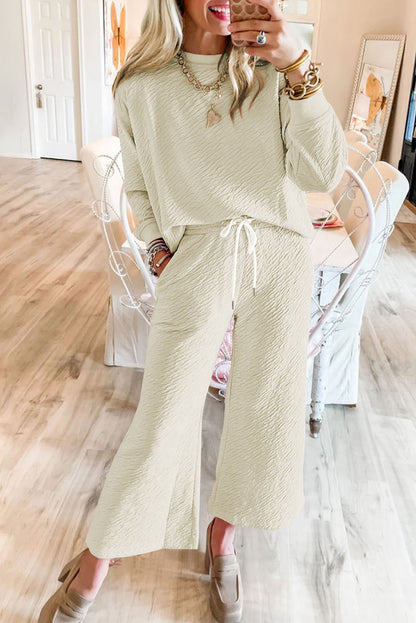 White Solid Color Textured Long Sleeve Top and Pants Set