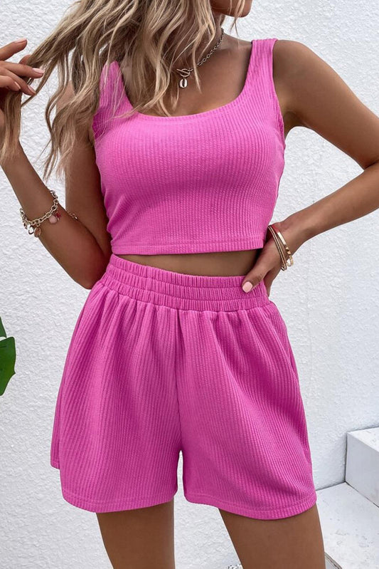 Rose Plain Sleeveless High Waisted Corduroy Two Piece Shorts Set