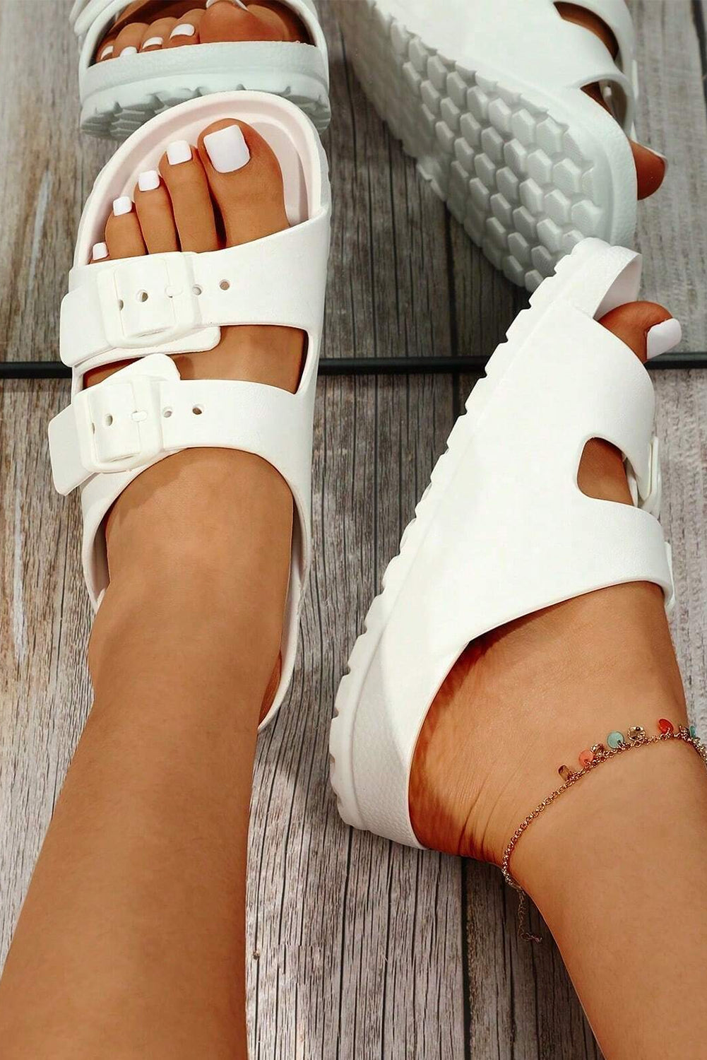 White Solid Color Buckle Straps Beach Sandels