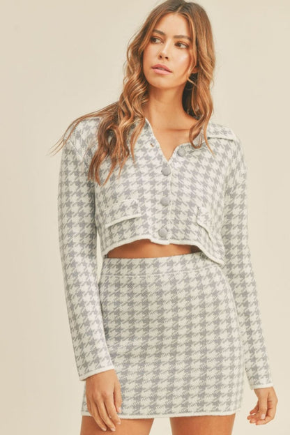 Blue Houndstooth Cropped Knit Cardigan & Mini Skirt Set