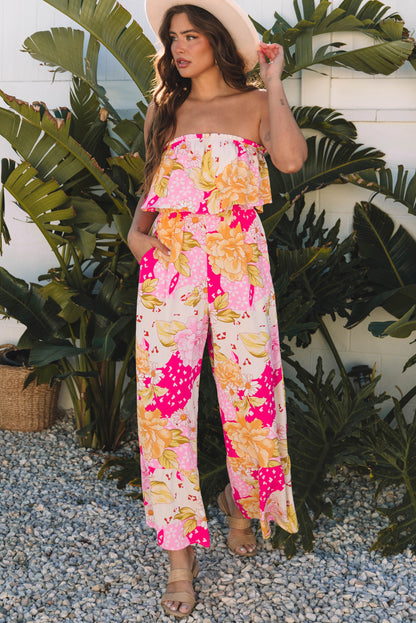 Multicolour Floral Print Ruffled High Waist Tube Top Loose Jumpsuit