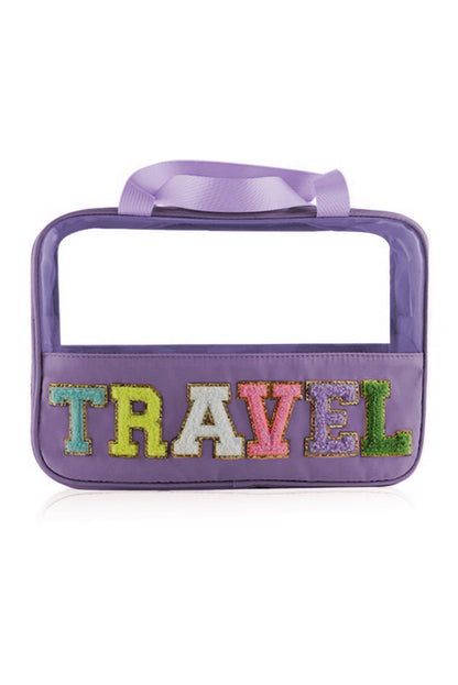 Bolsa de maquillaje de PVC transparente con letras de chenilla de TRAVEL negra