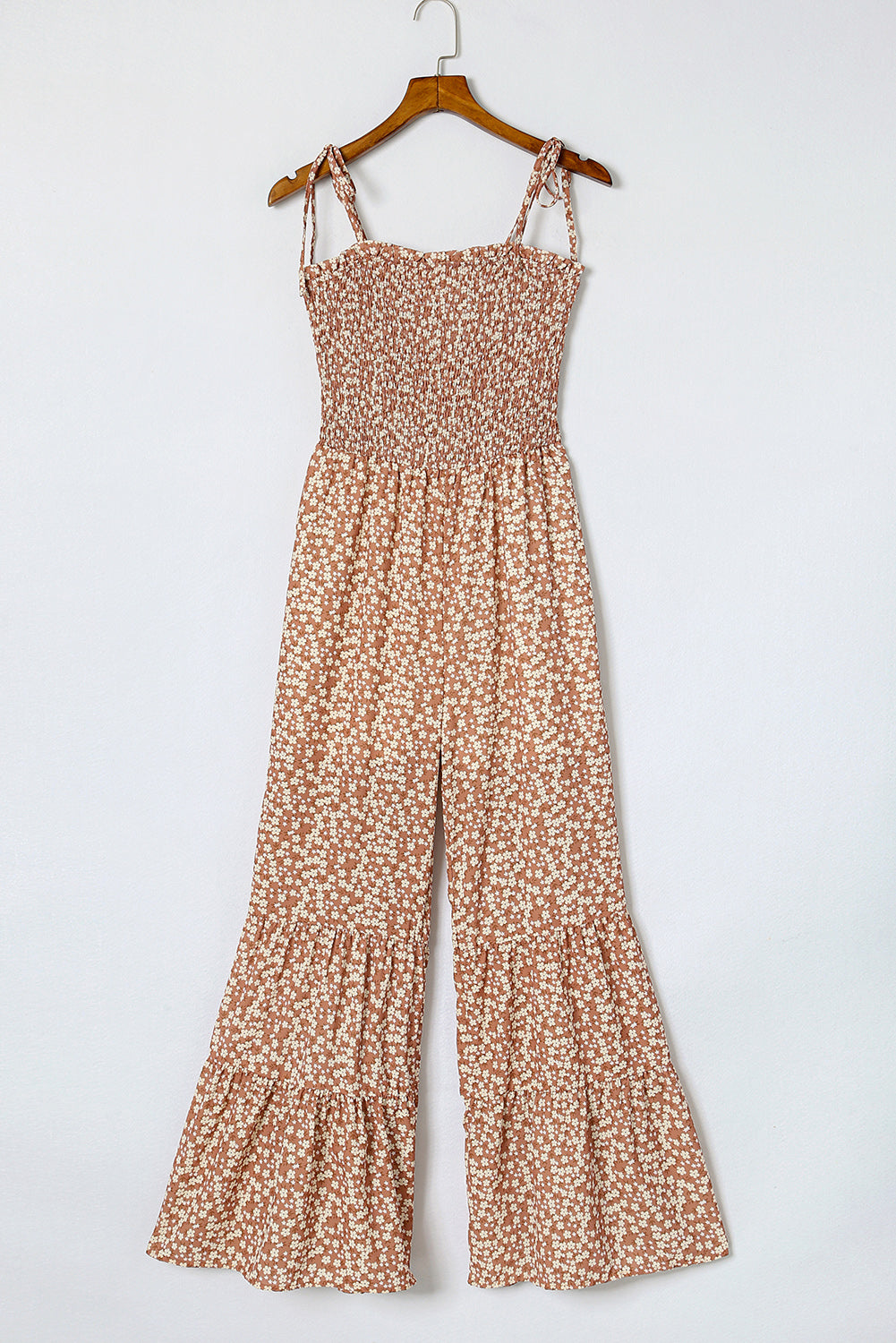 Khaki Floral Thin Straps Smocked Bodice Wide Leg Jumpsuit