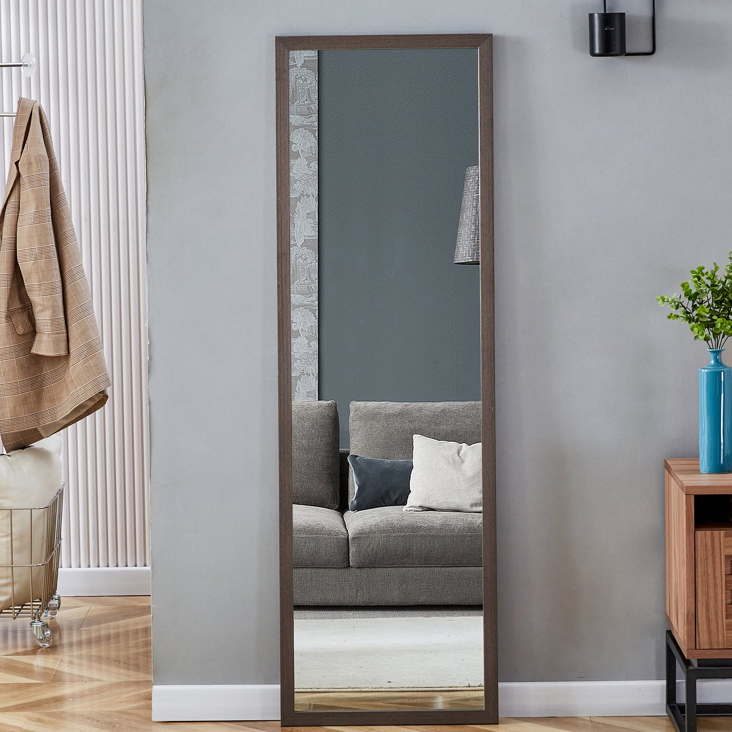 Gray Solid Wood Frame Full-Length Mirror