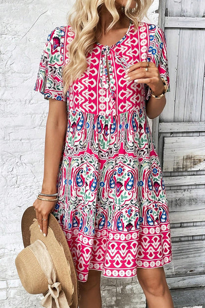 Pink Bohemian Tie Neck Flounce Sleeve Ruffle Hem Mini Dress