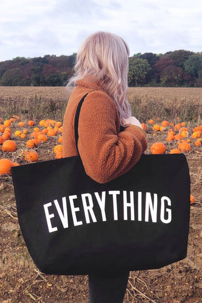 Black 73*17*44cm EVERYTHING Letter Print Large Canvas Tote Bag