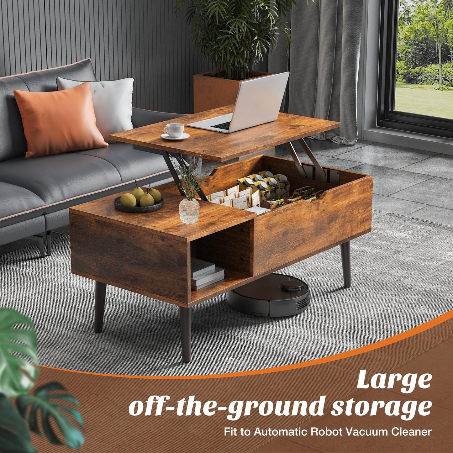 Brown Lift Top Coffee Table w/ Hidden Storage Compartment