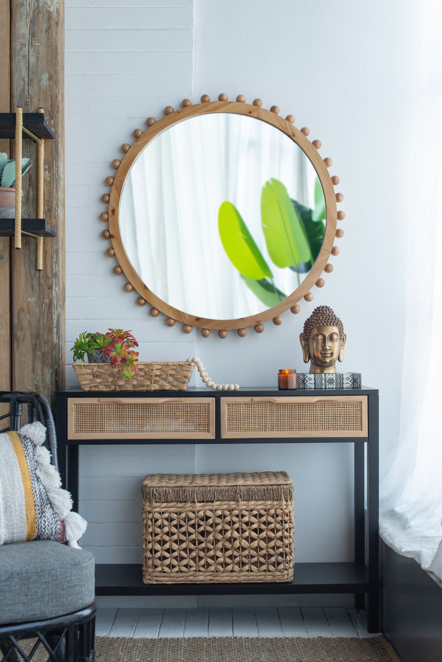 Wood Round Mirror w/ Beaded Frame