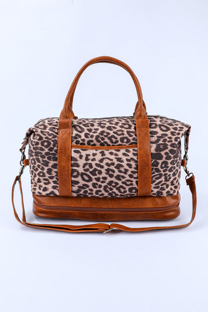 Bolso de lona grande con cremallera y patchwork de cuero PU de leopardo