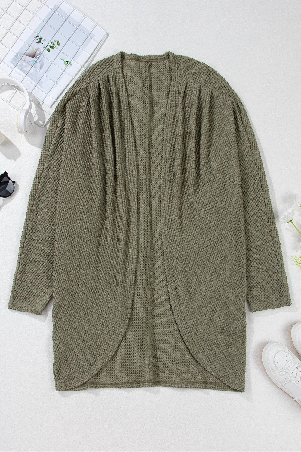 Seagrass Waffle Knit Drop Shoulder Plus Size Cardigan