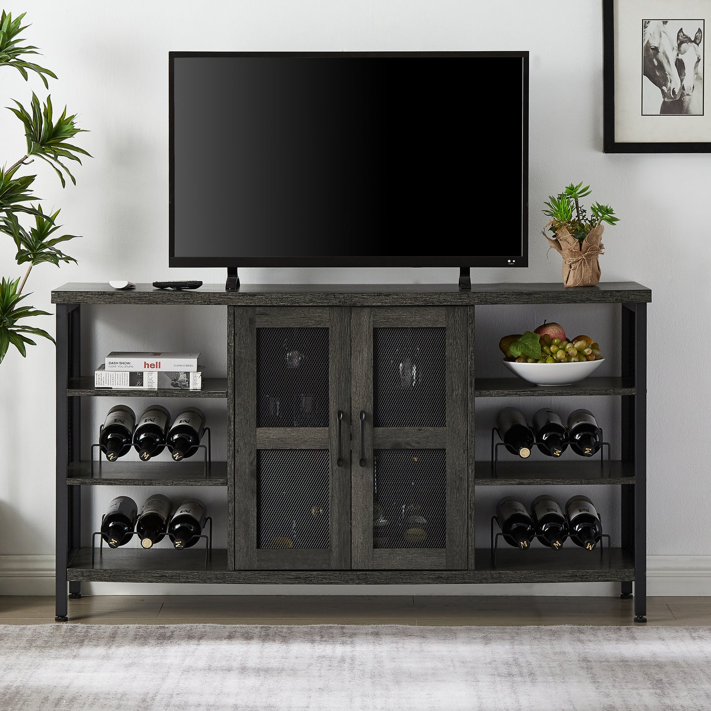 Black Gray Industrial Wine Bar Cabinet w/ Wine Racks & Stemware Holder