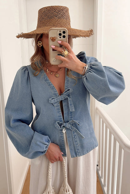 Dusk Blue Bow Tie Front Puff Sleeve Denim Top