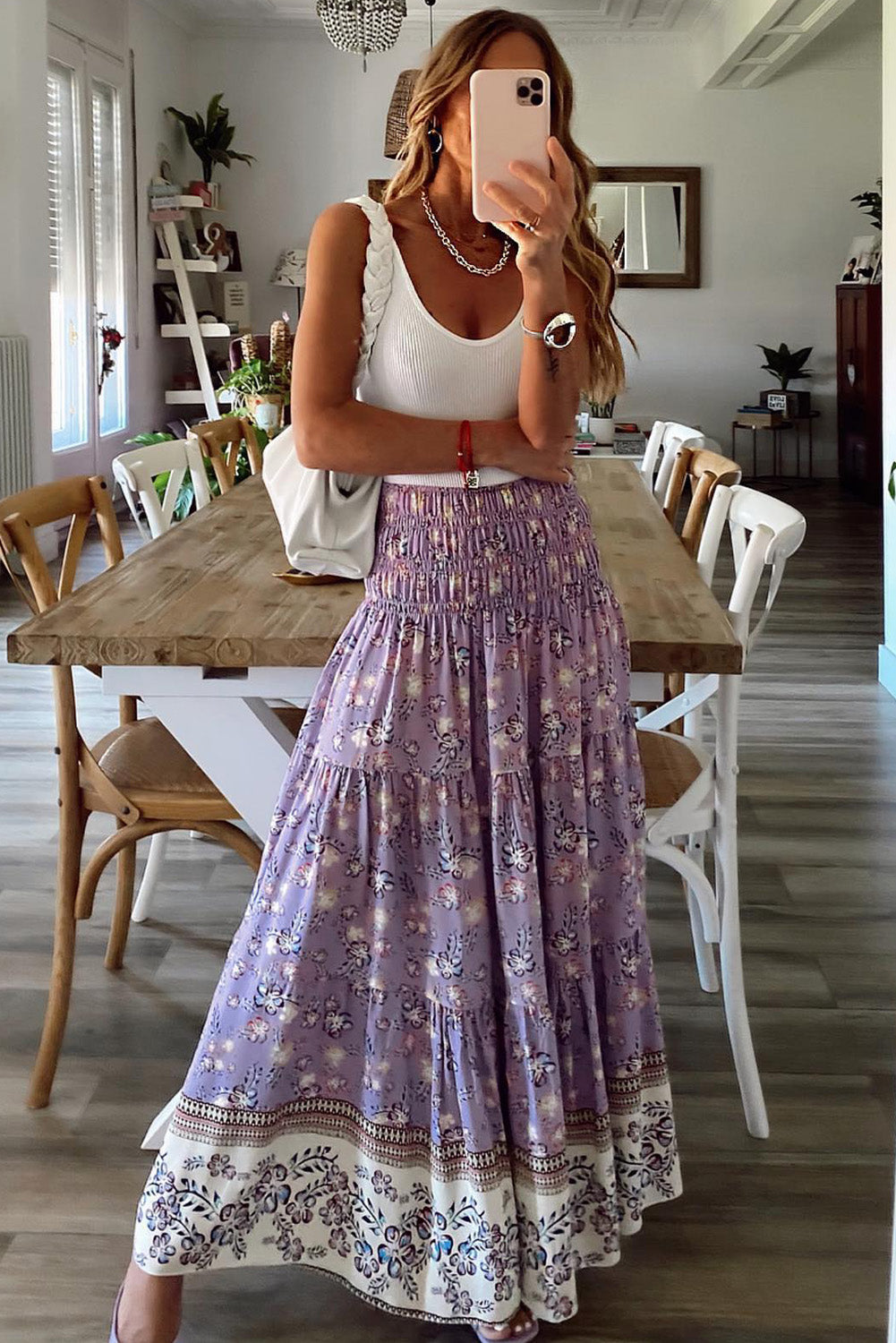 Purple Floral High Waist Maxi Skirt