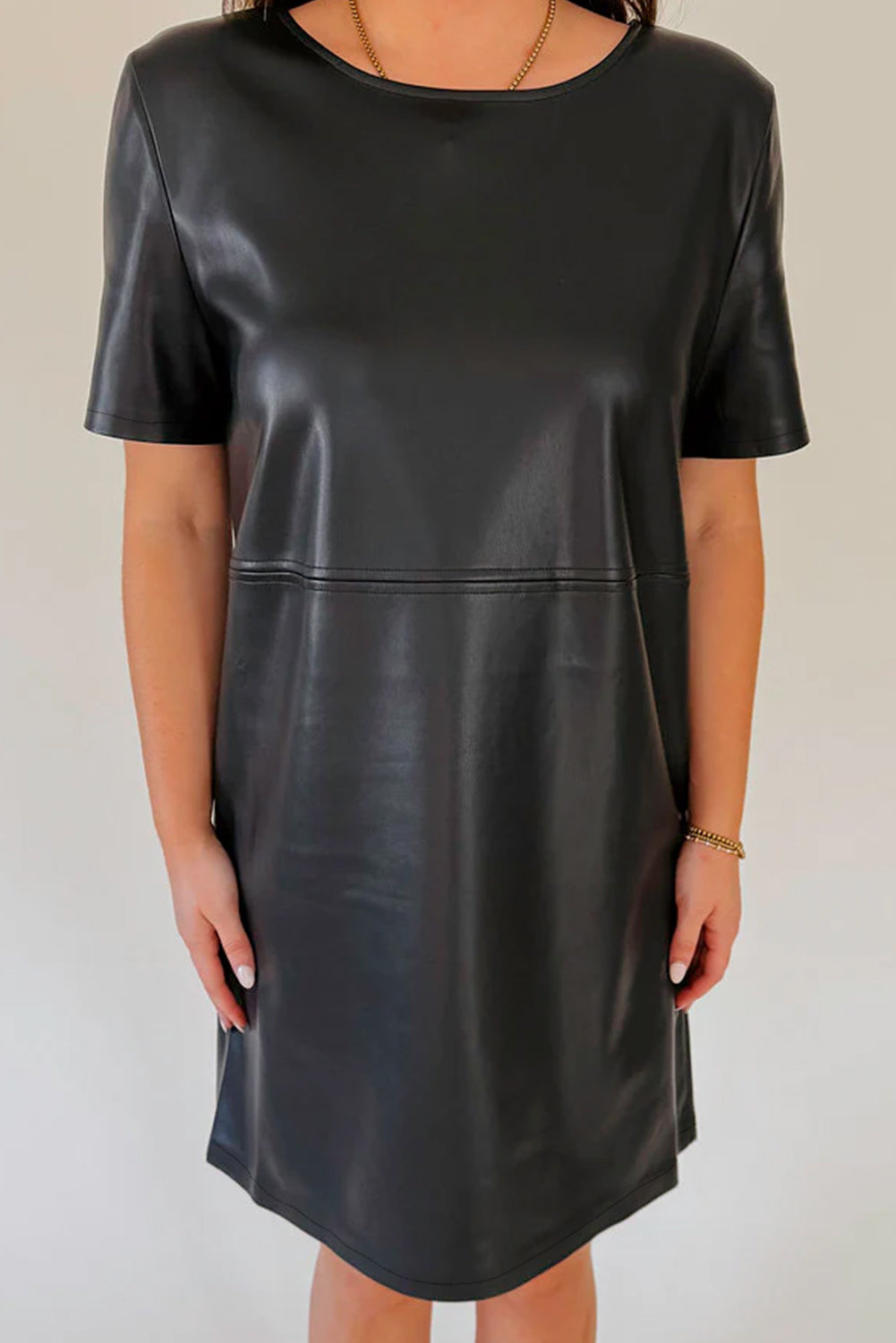 Black Solid Color Faux Leather Short Sleeve Mini Dress