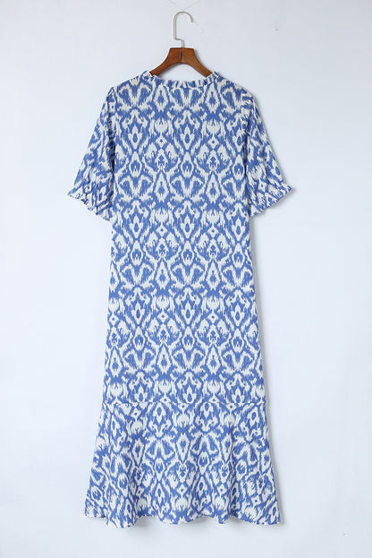 Sky Blue Geometric Print Casual V Neck Maxi Dress