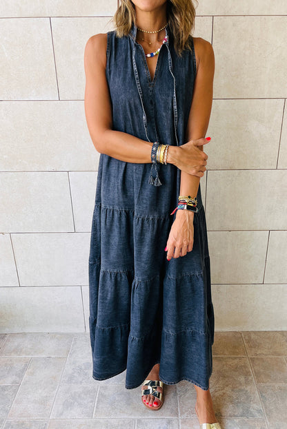 Real Teal Sleeveless Tiered Chambray Maxi Dress