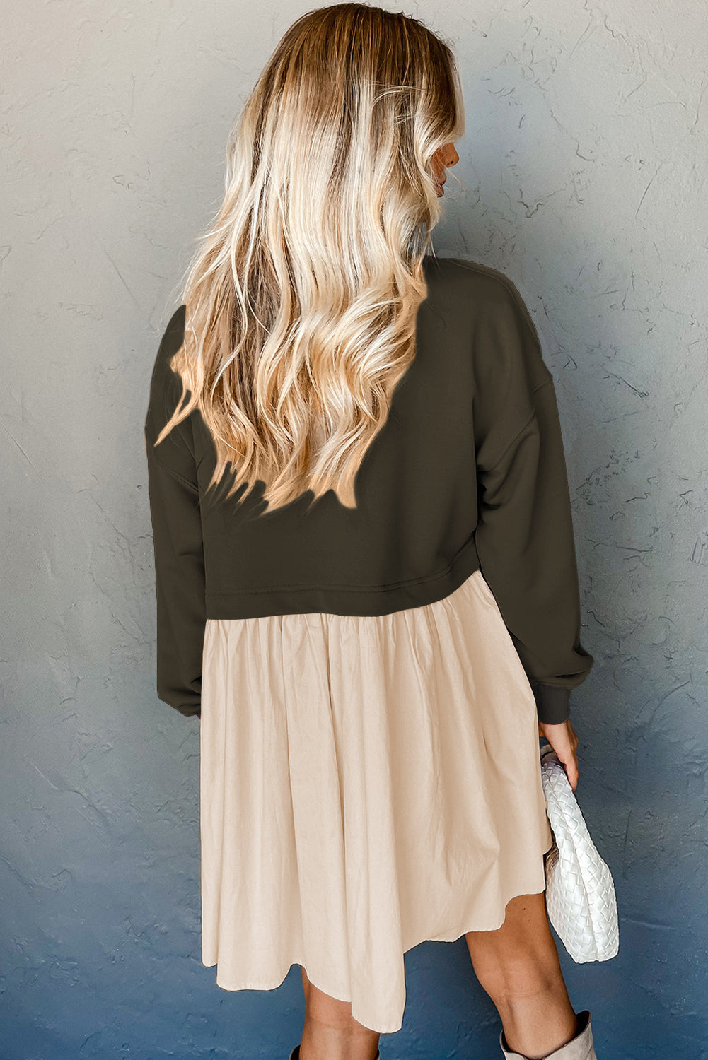 Khaki Sweatshirt 2-in-1 Flowy Pleated Mini Dress