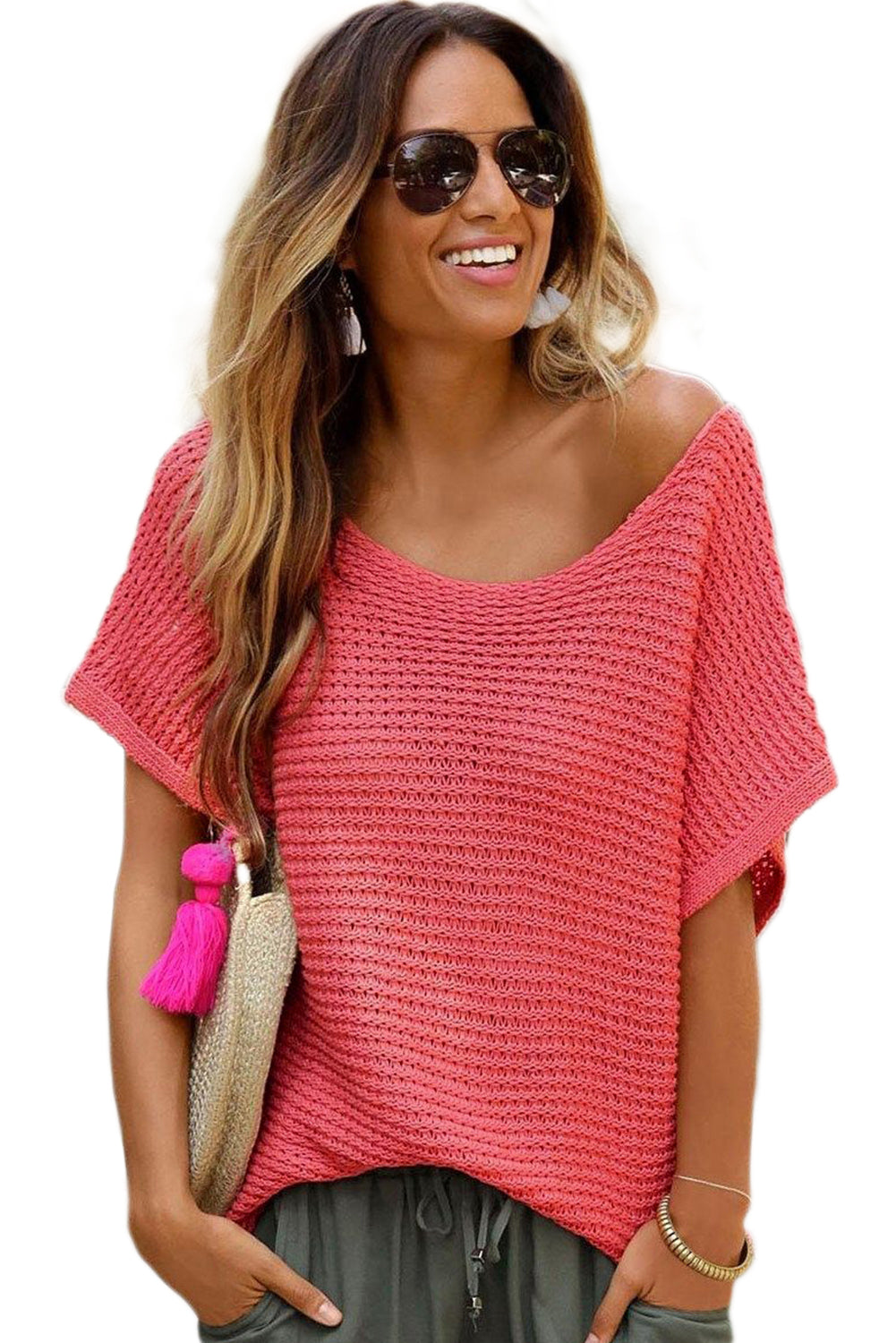 Pink Plain Knit Loose Batwing Sleeve Blouse