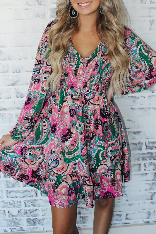 White Boho Paisley Print Smocked Ruffle Hem Dress