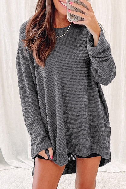 Waffle Knit Drop Sleeve High Slits Oversized Top