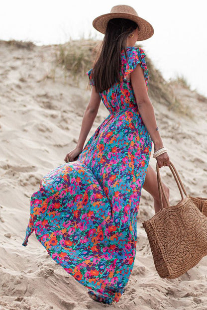 Blue Boho Floral Print V Neck Wrap Split Maxi Dress