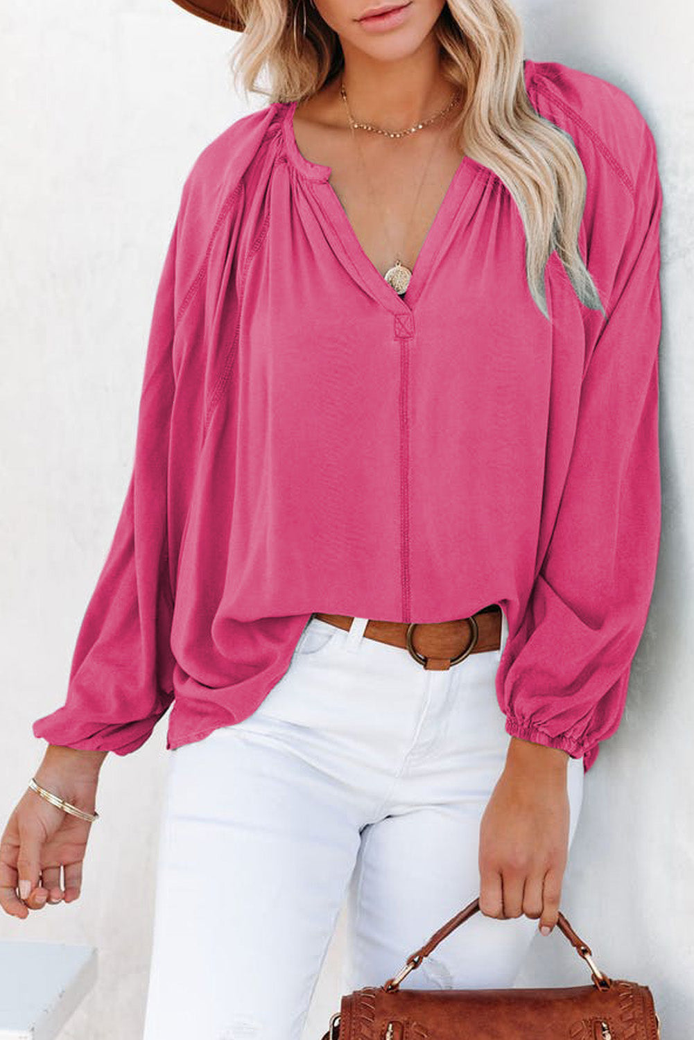 Plicated Detail V Neck Blouse