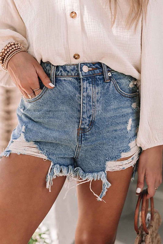 Blue Light Wash Distressed High Waisted Denim Shorts