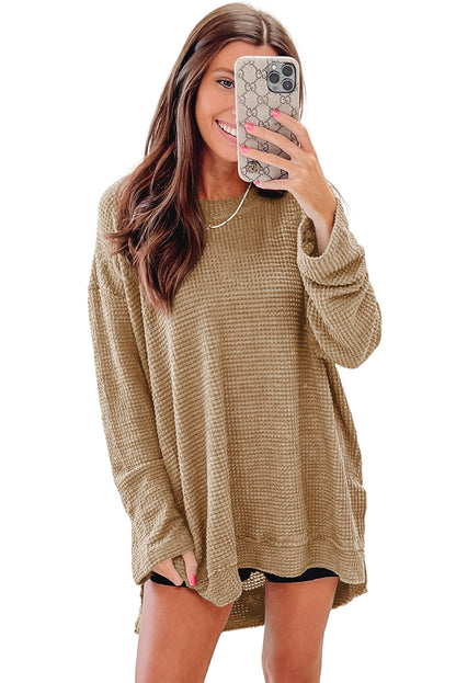 Waffle Knit Drop Sleeve High Slits Oversized Top