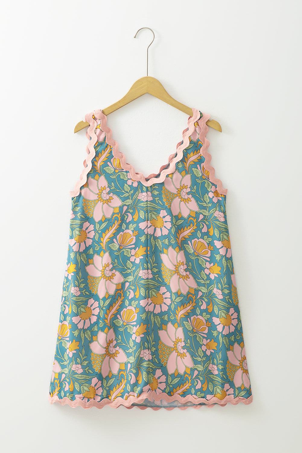 Sky Blue Allover Floral Print Ricrac Sleeveless Boho Mini Dress