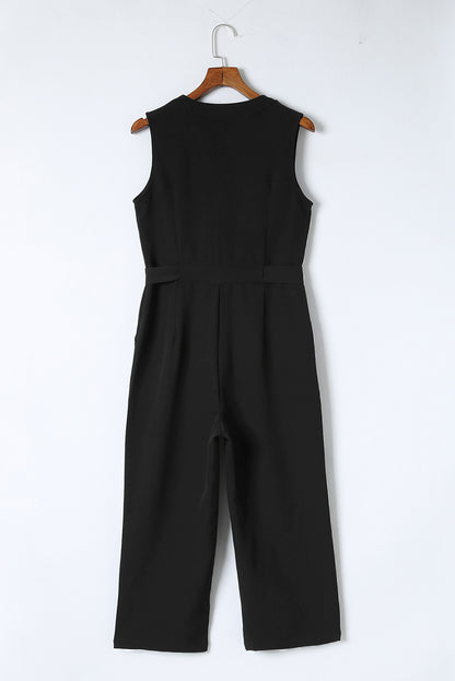 Buttoned Sleeveless Cropped Jumpsuit With Sash