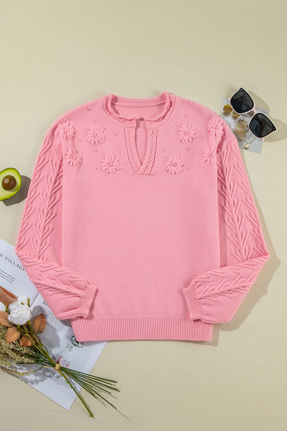 Flower Pattern Knitted Notched Neck Sweater