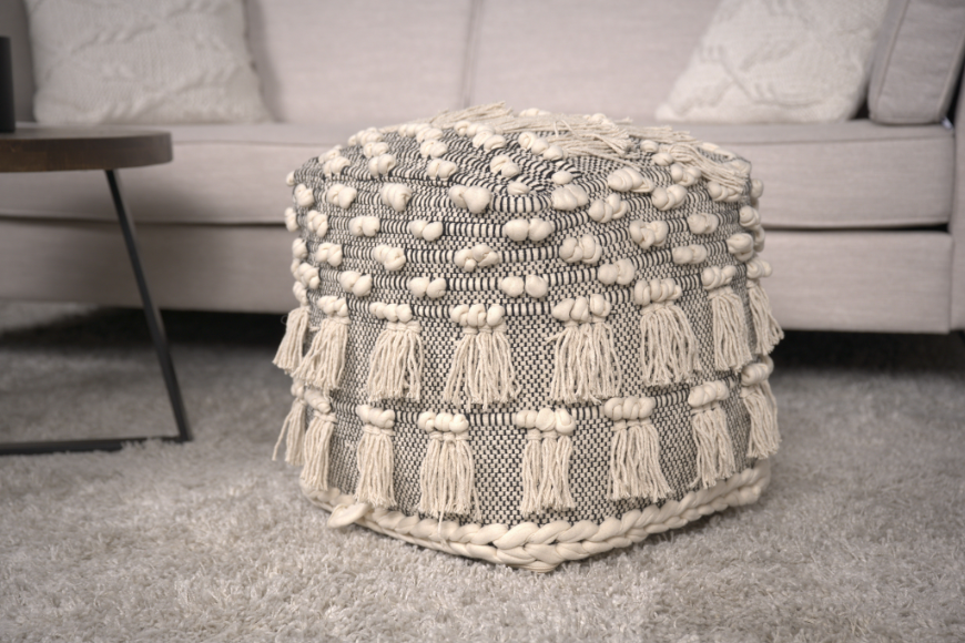 Ivory Angelic Handcrafted Fabric Pouf w/ Tassels