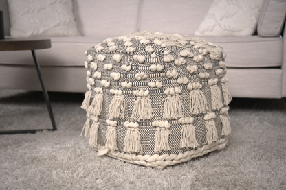 Ivory Angelic Handcrafted Fabric Pouf w/ Tassels