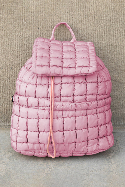 Medium Grey Solid Flapped Quilted Puffer Backpack