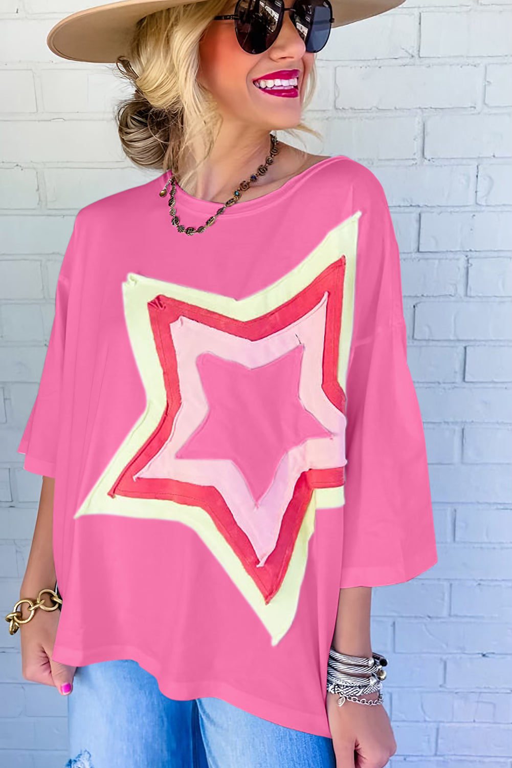 White Colorblock Star Patched Half Sleeve Oversized Tee