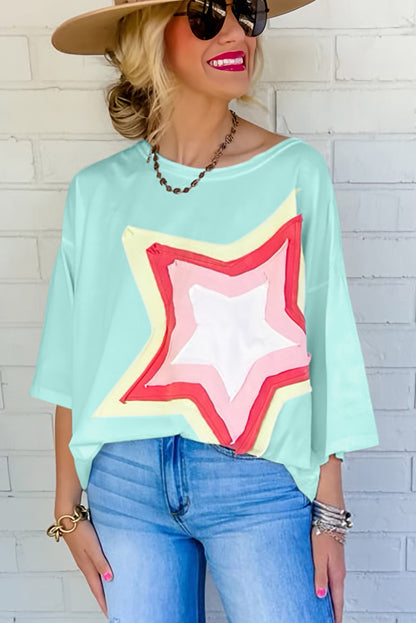 White Colorblock Star Patched Half Sleeve Oversized Tee