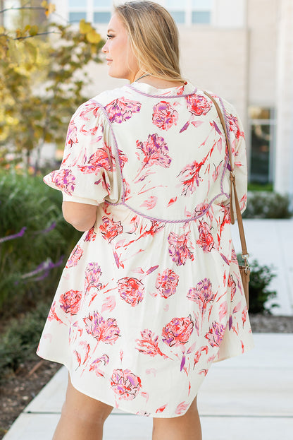 White Floral Print V Neck Plus Size Mini Dress