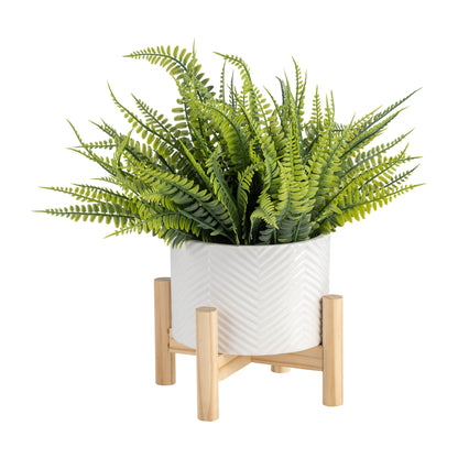 White Ceramic Chevron Planter w/ Wood Stand