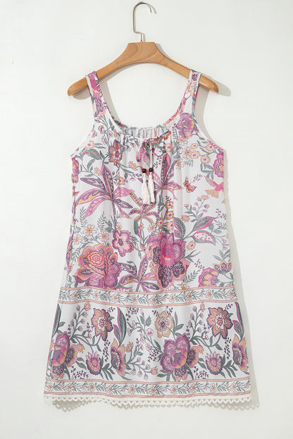 Multicolor Floral Print Fringed Tie U Neck Sleeveless Mini Dress