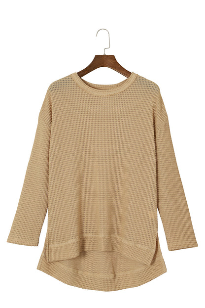 Waffle Knit Drop Sleeve High Slits Oversized Top