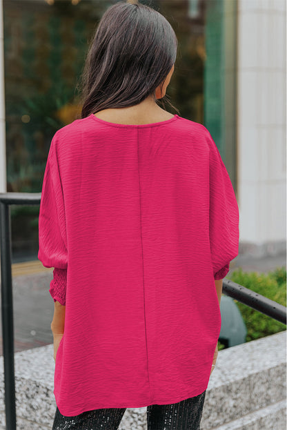 Apricot Solid Casual Smocked Cuffs Batwing Sleeve Blouse