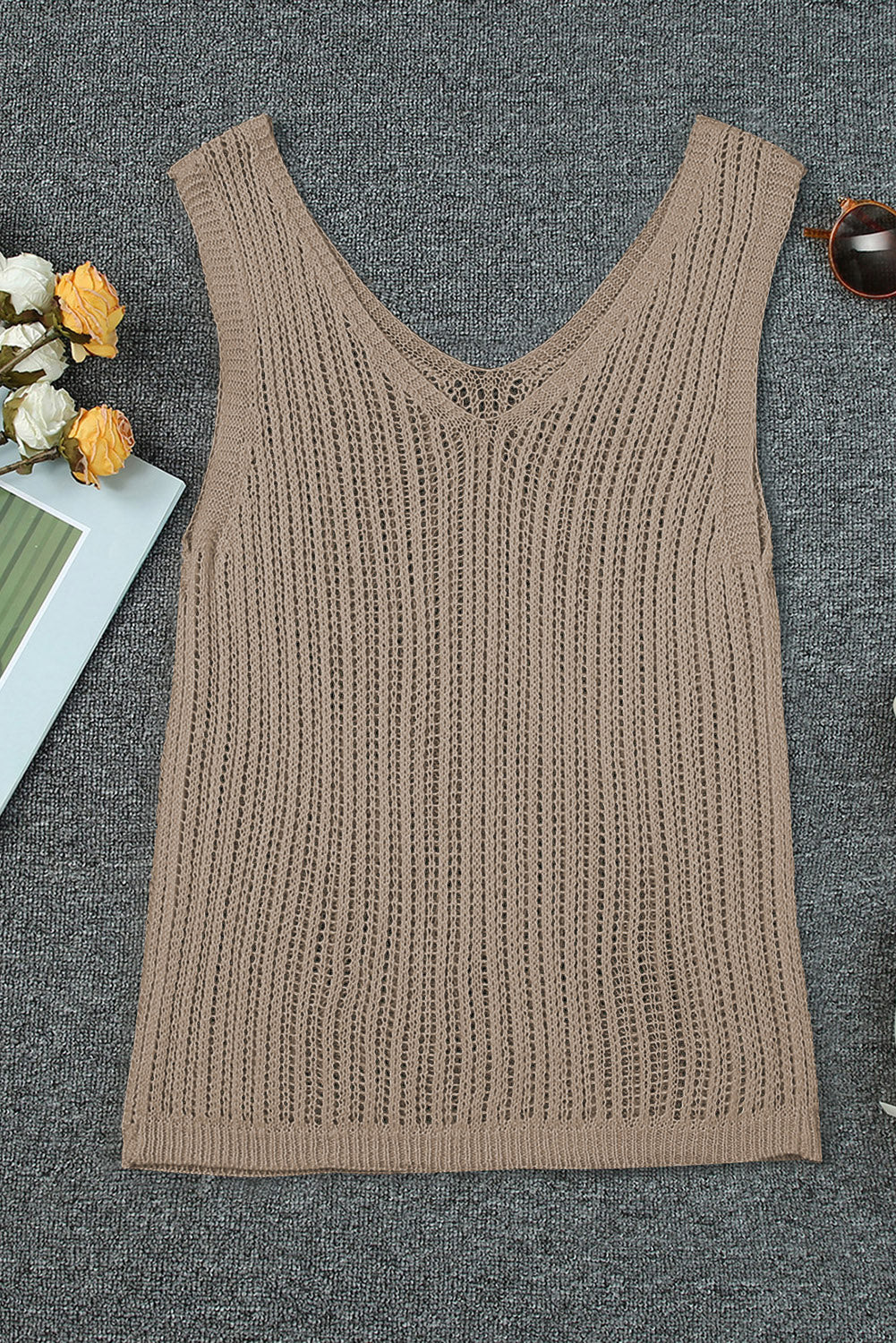 Khaki Hollowed Knit V Neck Tank Top